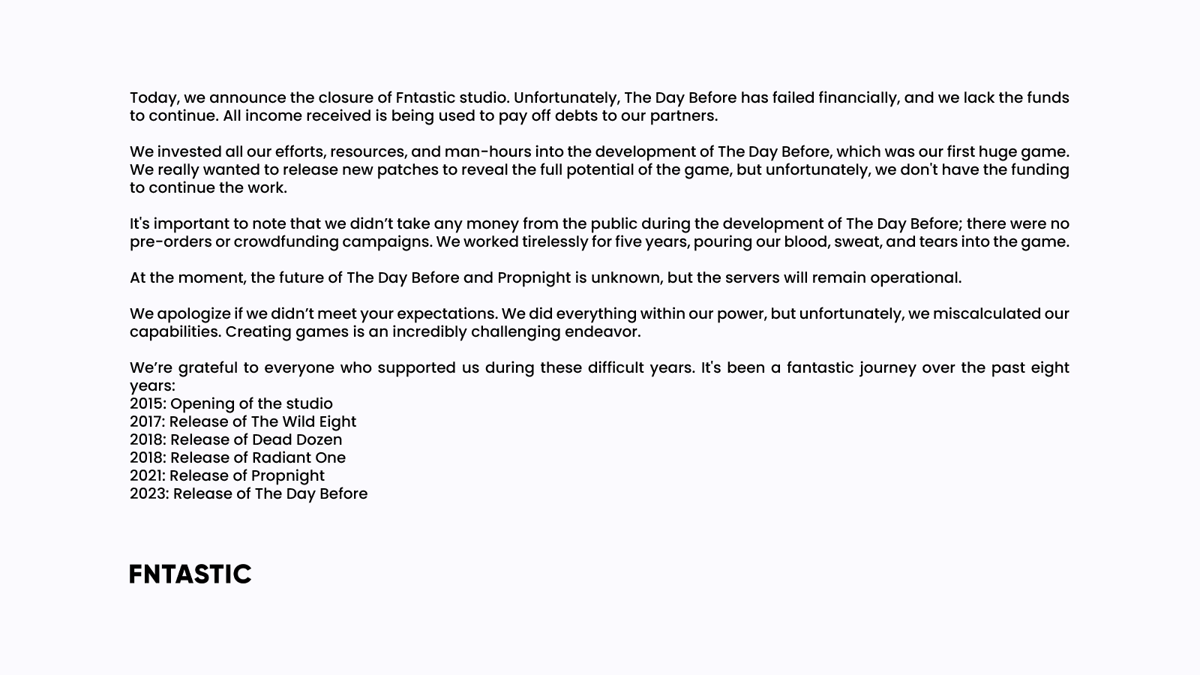 Estúdio de The Day Before fecha as portas dias após lançamento do game