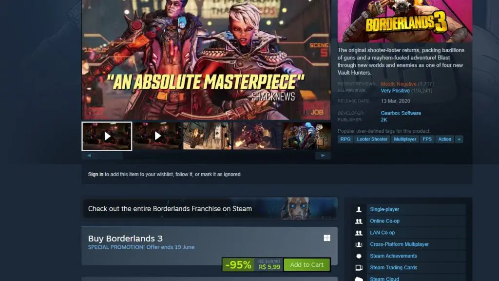 Borderlands 3 está com menor preço histórico no Steam