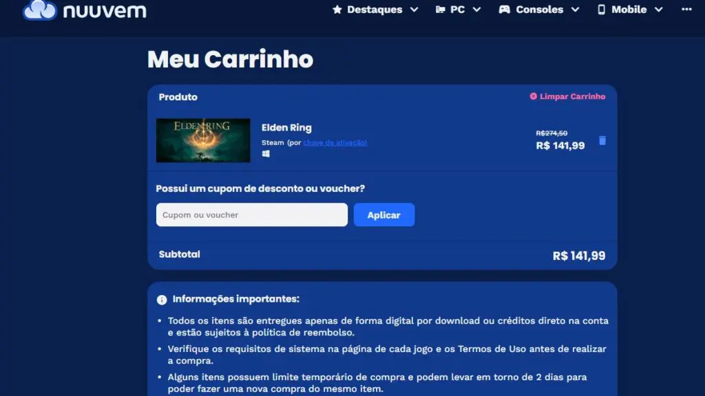 Página de Elden Ring na Nuuvem