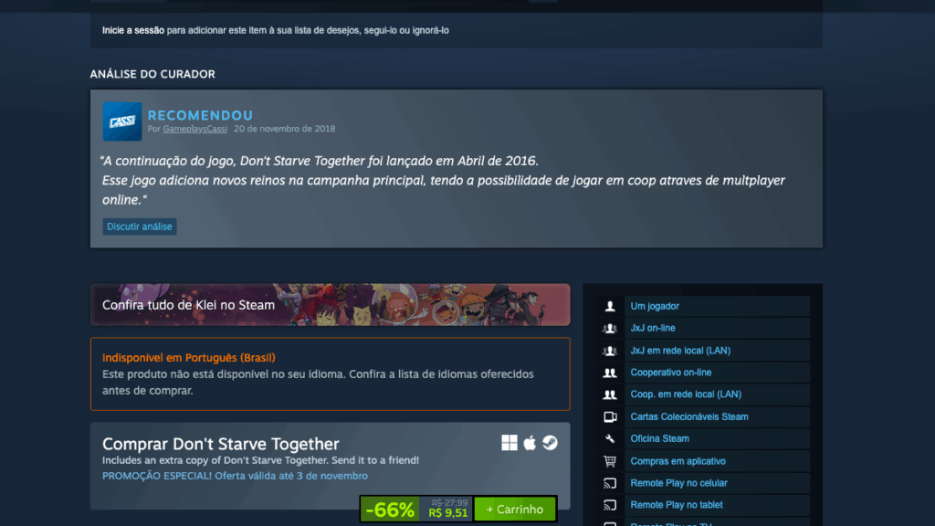 Don't Starve Together no Steam