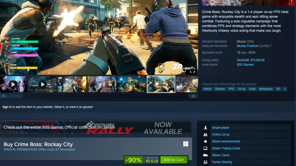 Página de Crime Boss: Rockay City no Steam