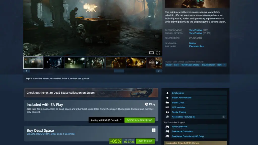 Página de Dead Space no Steam