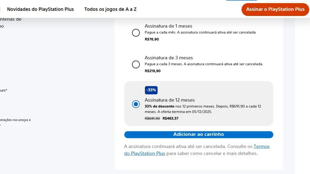 Página da promoção no PlayStation - PS Plus