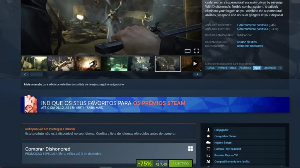 Página de Dishonored no Steam