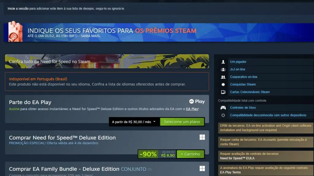 Página de Need for Speed no Steam
