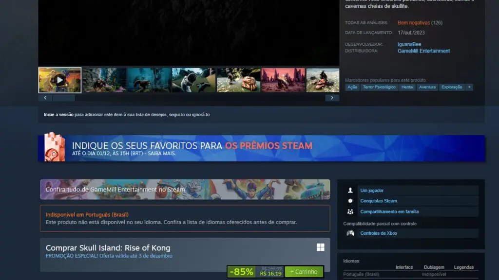 Página de Skull Island: Rise of Kong no Steam