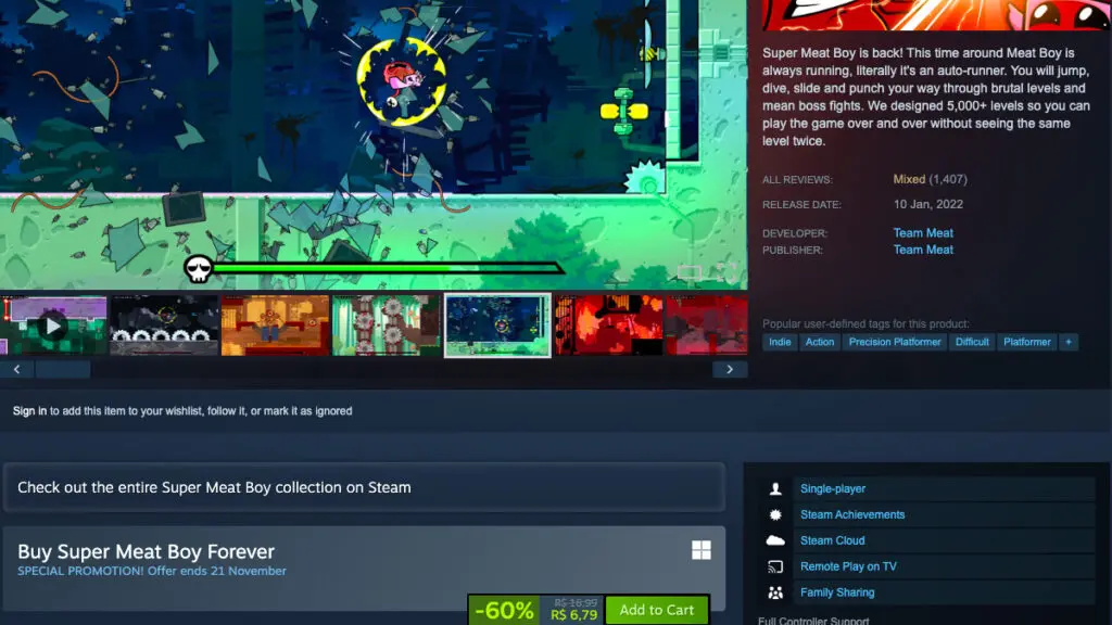 Super Meat Boy Forever no Steam