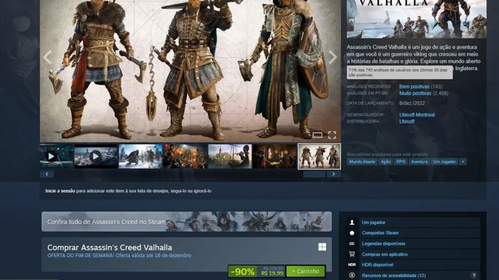 Página de Assassin's Creed Valhalla no Steam