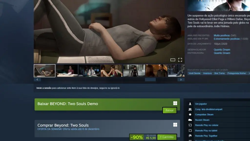 Página de Beyond: Two Souls no Steam