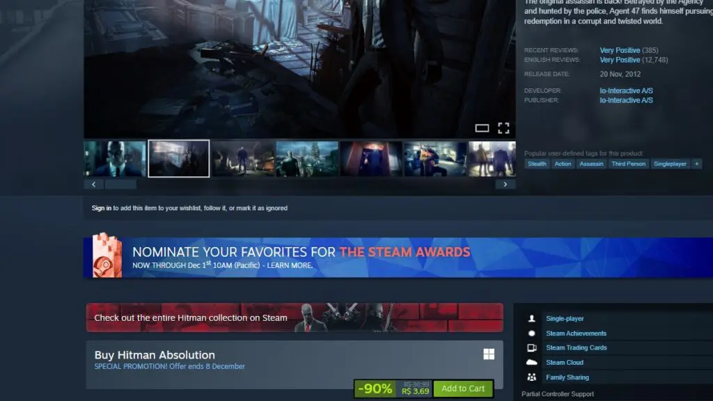 Página de Hitman: Absolution no Steam