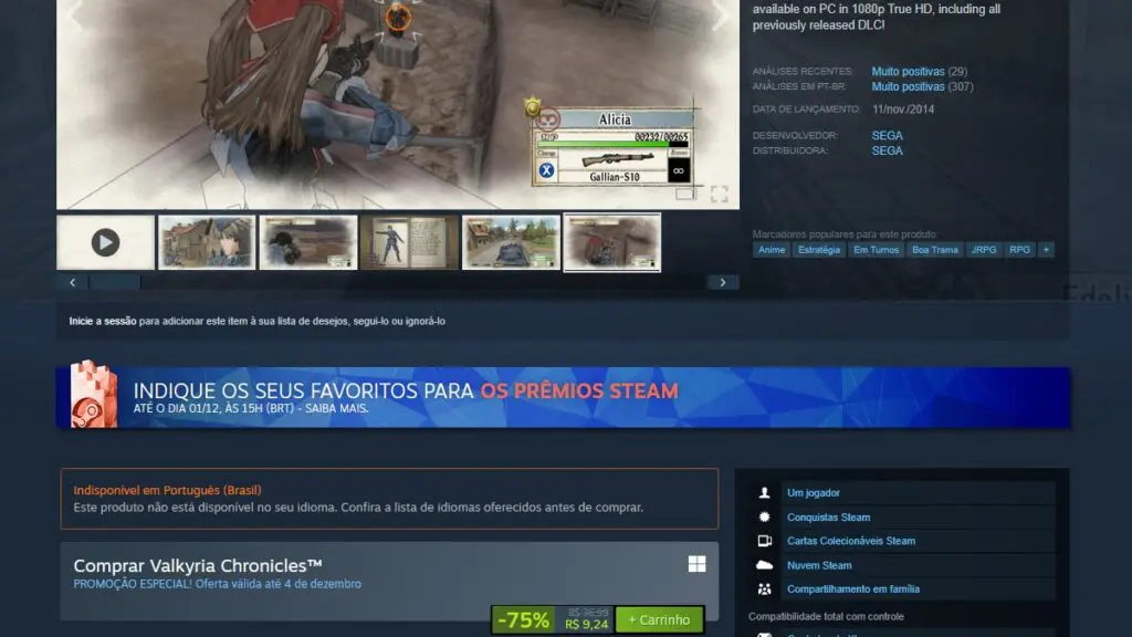 Página de Valkyria Chronicles no Steam