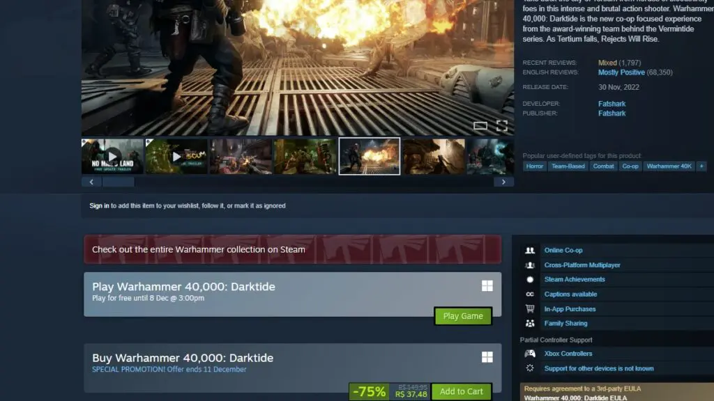 Página de Warhammer 40,000: Darktide no Steam