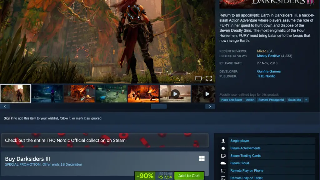 Página de Darksiders III no Steam