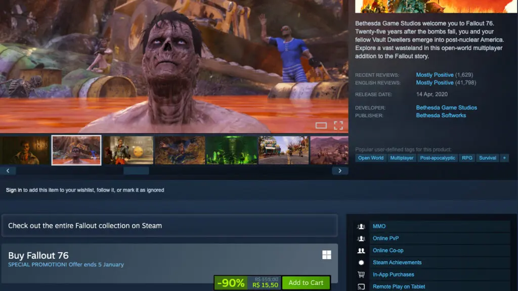 Página de Fallout 76 no Steam
