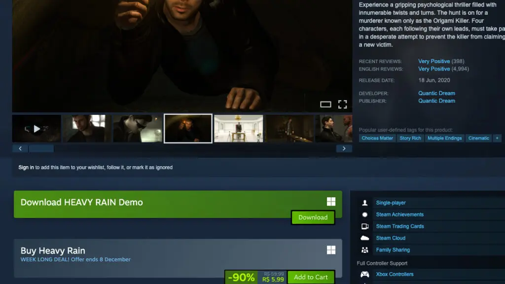 Página de Heavy Rain no Steam