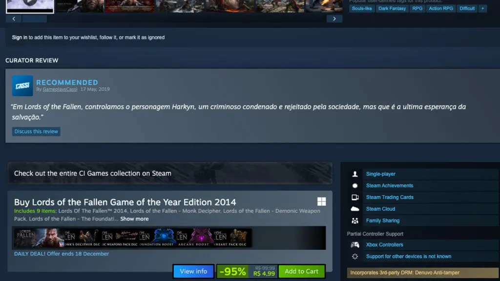 Página de Lords Of The Fallen no Steam