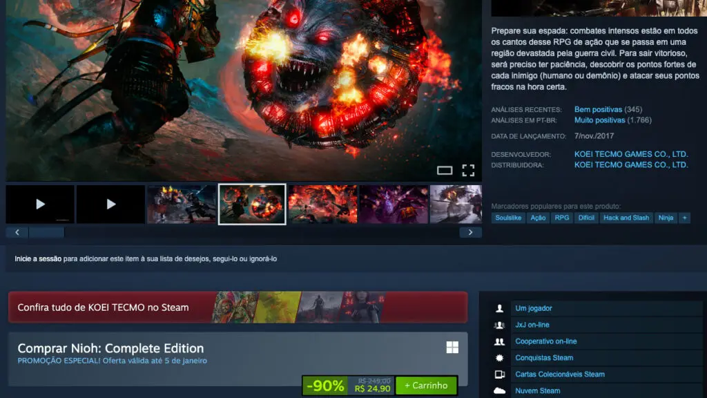Página de Nioh no Steam