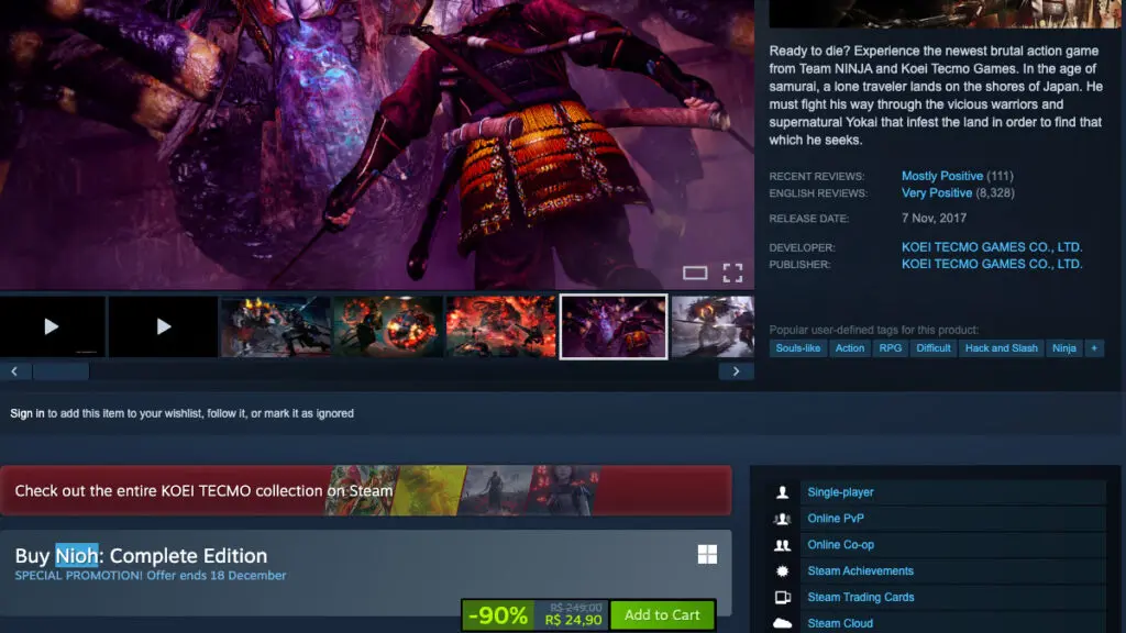 Página de Nioh no Steam