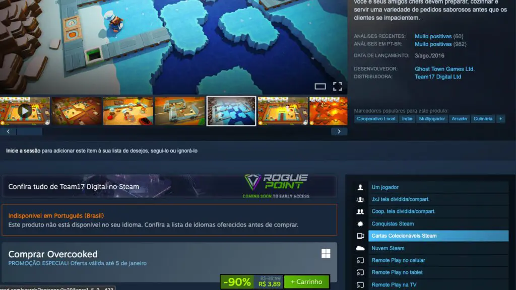 Página de Overcooked no Steam