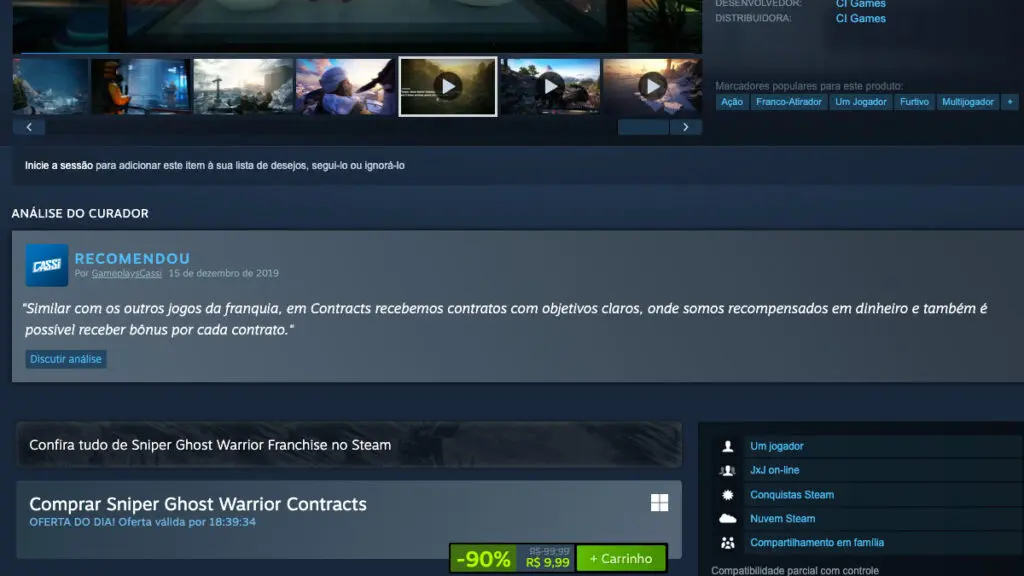 Página de Sniper Ghost Warrior Contracts no Steam