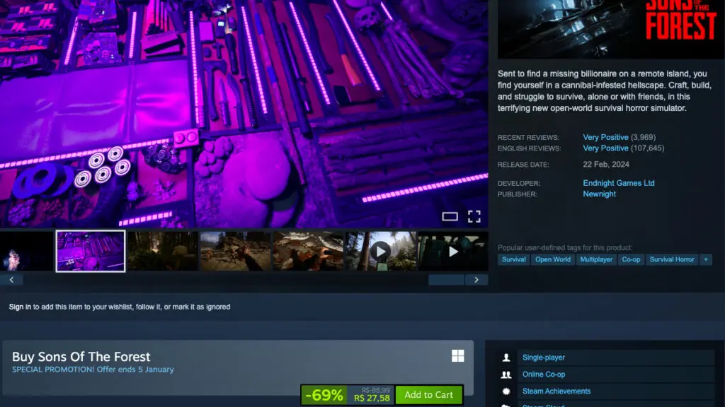 Página de Sons Of The Forest no Steam