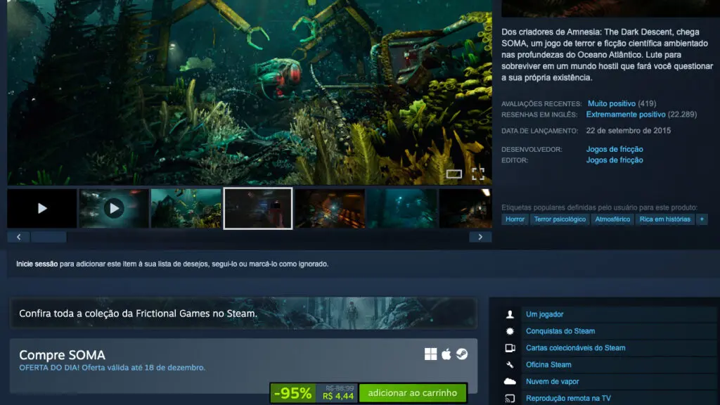 Página de SOMA no Steam