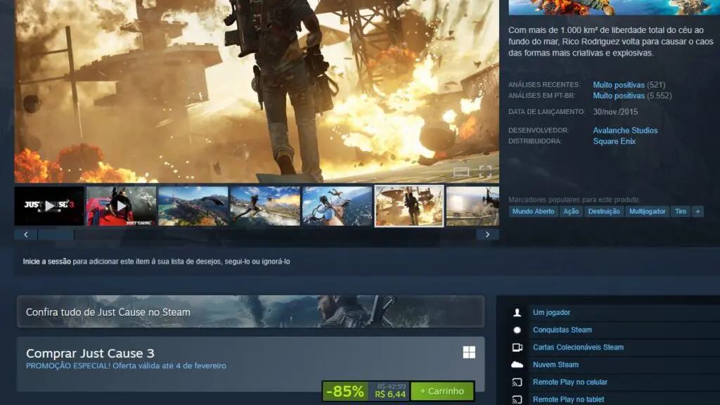 Página de Just Cause 3 no Steam