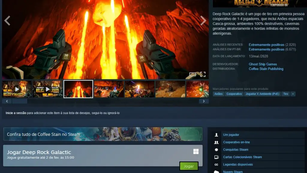 Página de Deep Rock Galactic no Steam