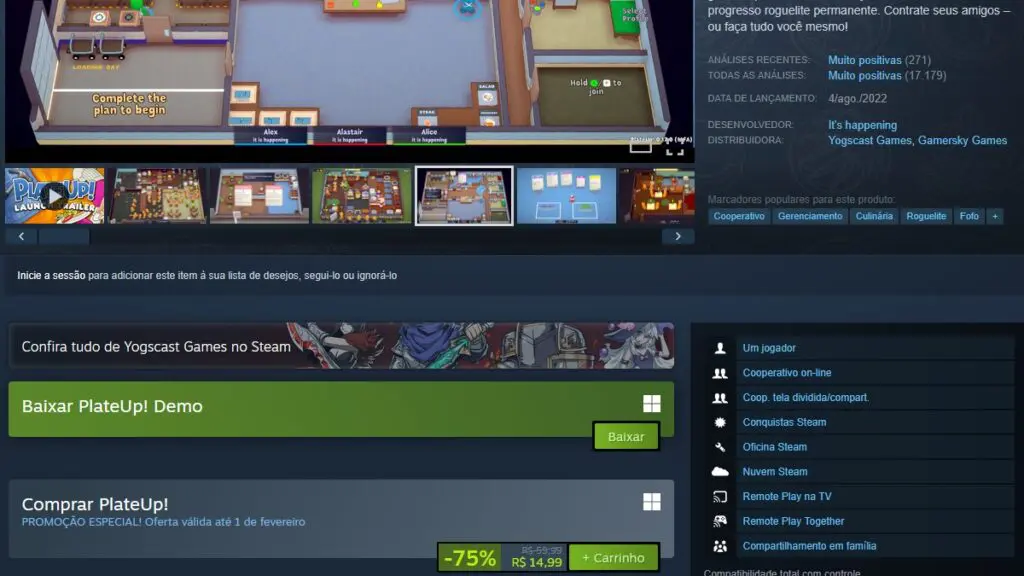 Página de PlateUp! no Steam