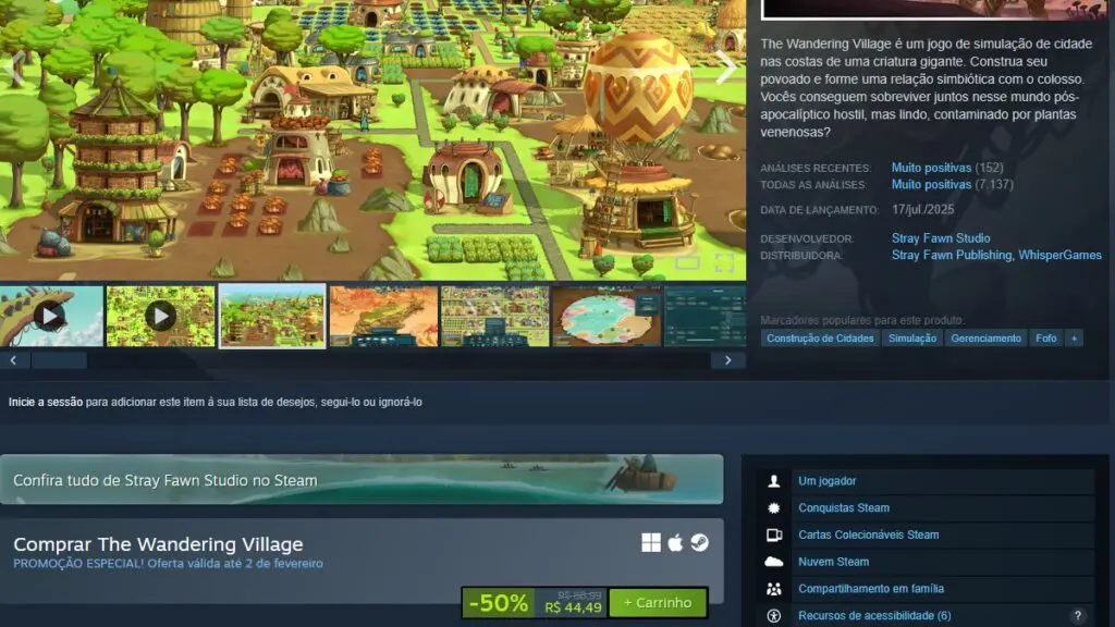 Página de The Wandering Village no Steam