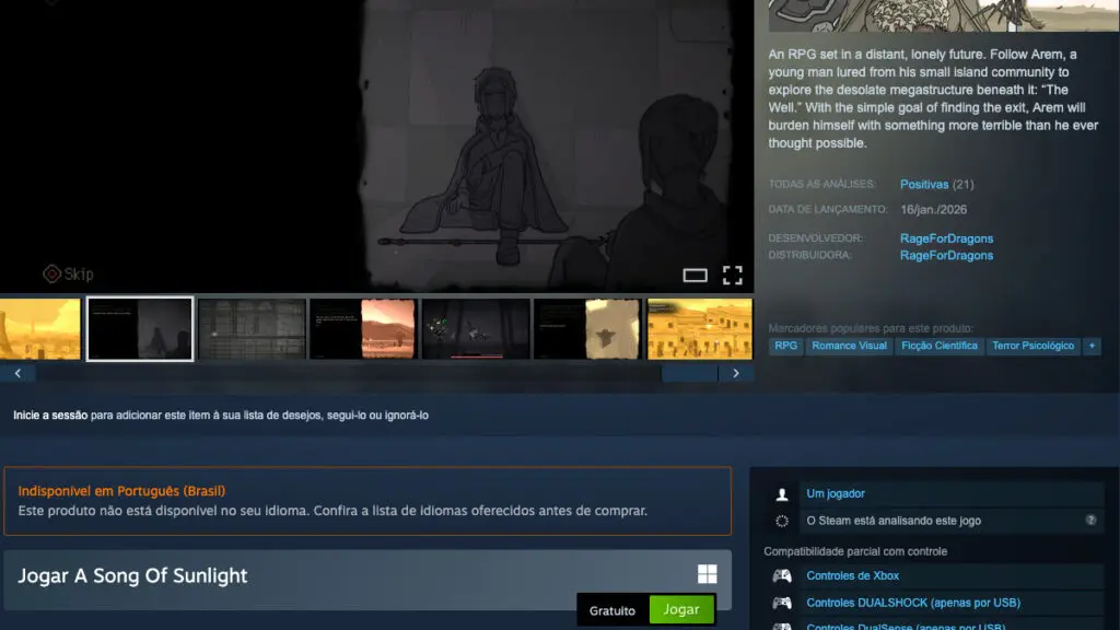 Página de A Song Of Sunlight no Steamg