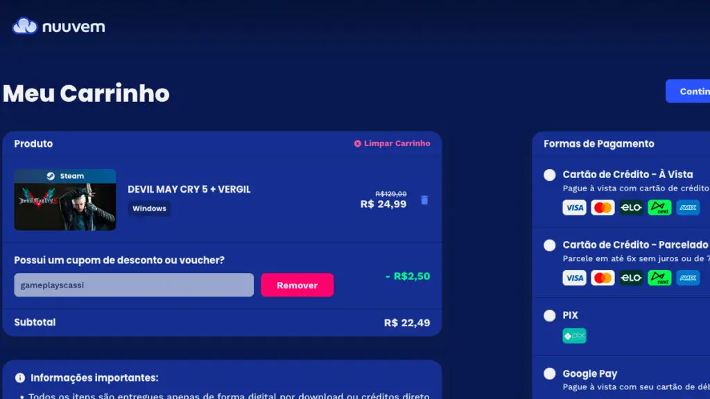 Página de DEVIL MAY CRY 5 + VERGIL na Nuuvem