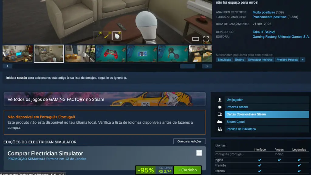 Página de Electrician Simulator no Steam