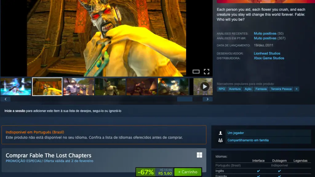 Página de Fable - The Lost Chapters no Steam