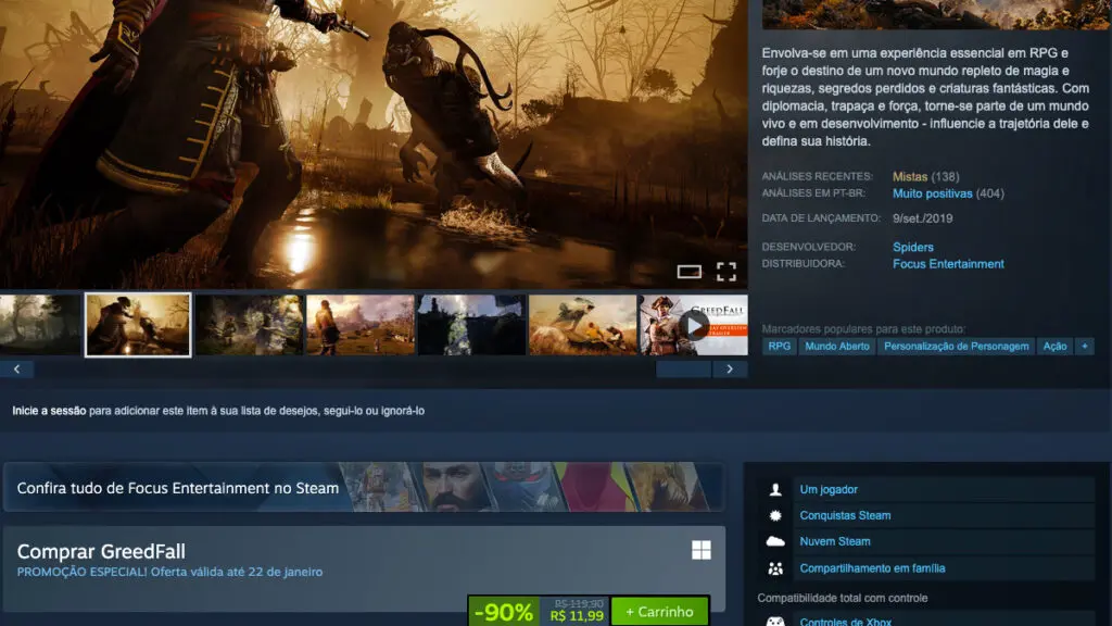 Página de GreedFall no Steam
