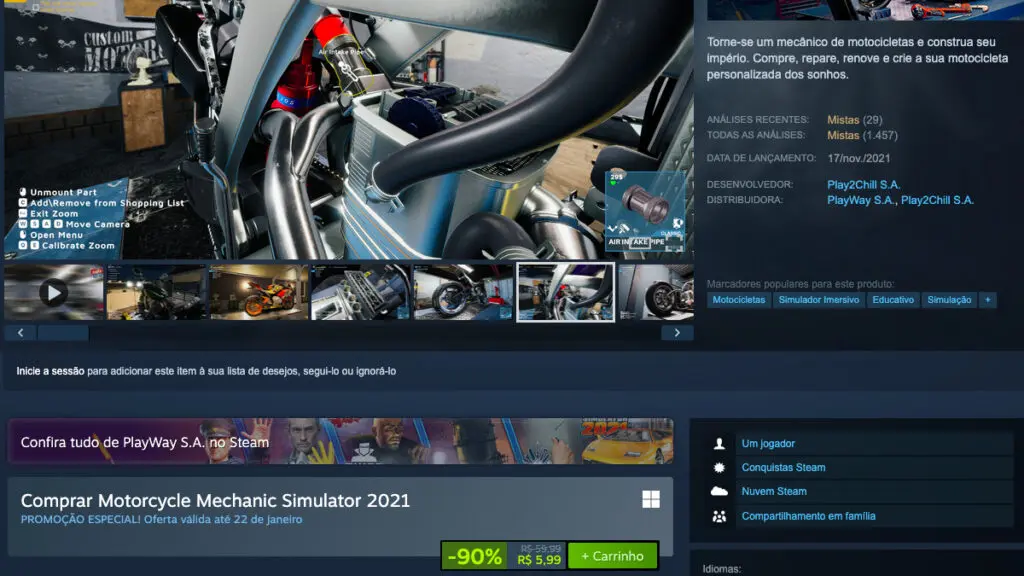 Página de Motorcycle Mechanic Simulator 2021 no Steam