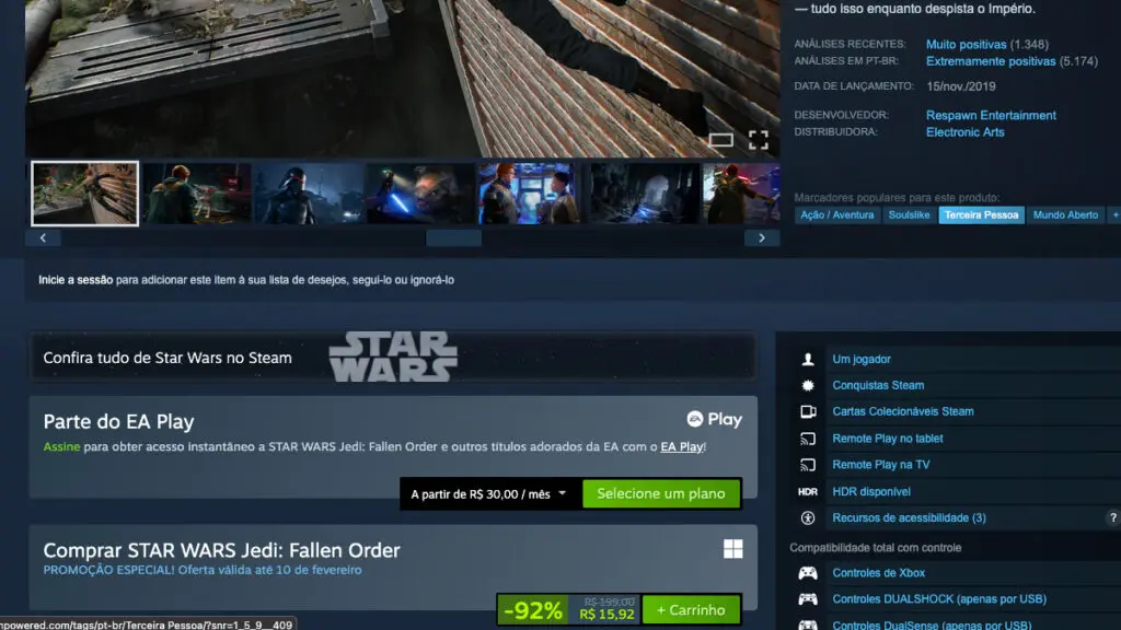 Página de STAR WARS Jedi: Fallen Order no Steam