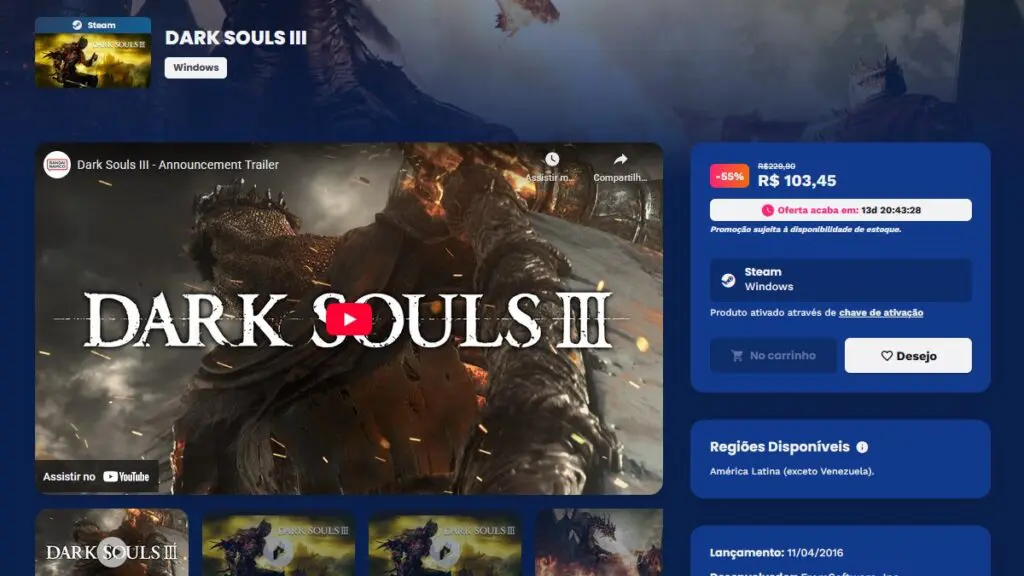 Página de Dark Souls III em promoção na Nuuvem