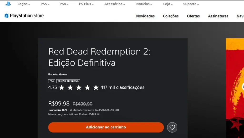 Página de Red Dead Redemption 2: Edição Definitiva na PS Store
