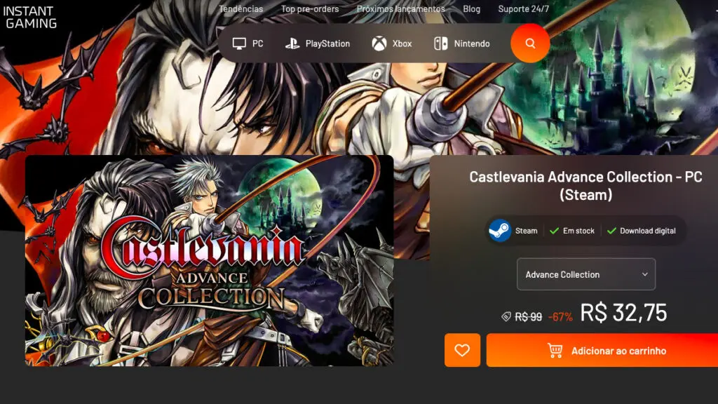 Página de Castlevania Advance Collection na Instant Gaming