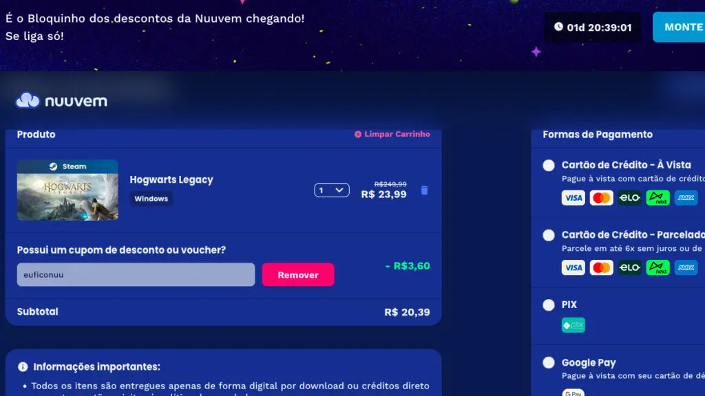 Página de Hogwarts Legacy na Nuuvem