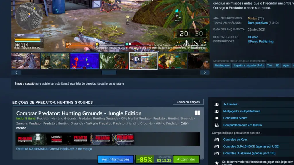 Página de Predator: Hunting Grounds no Steam