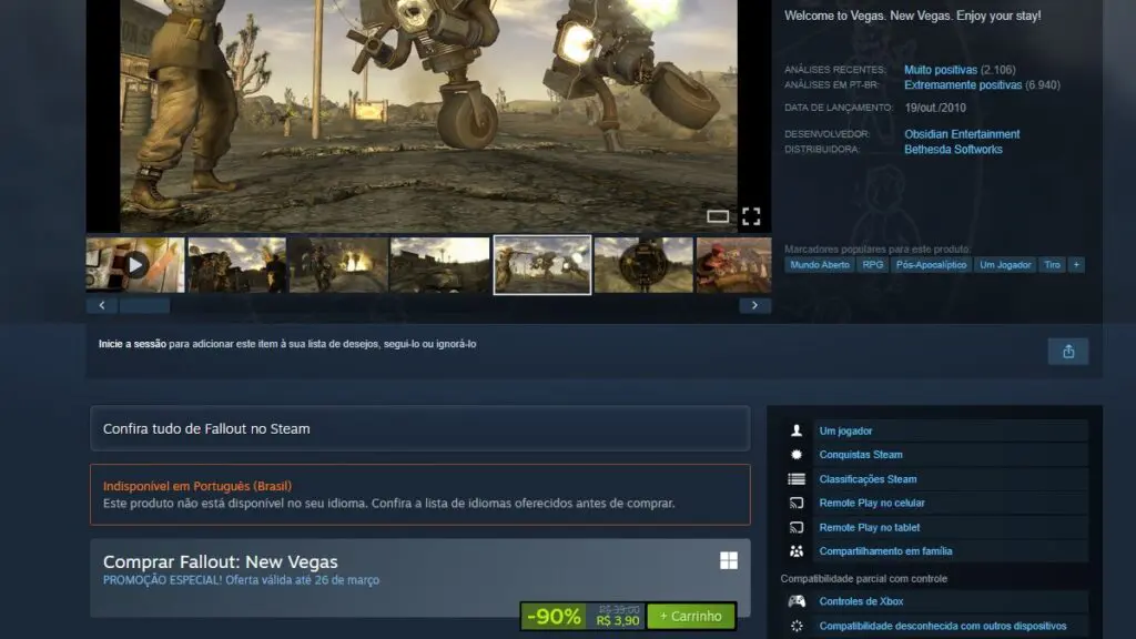 Página de Fallout: New Vegas no Steam