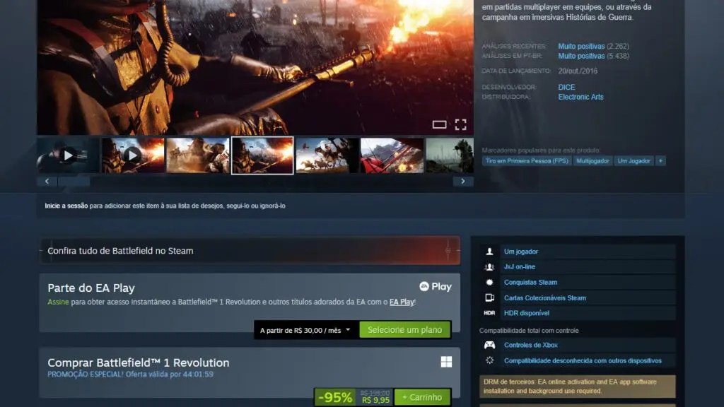 Página de Battlefield 1 no Steam
