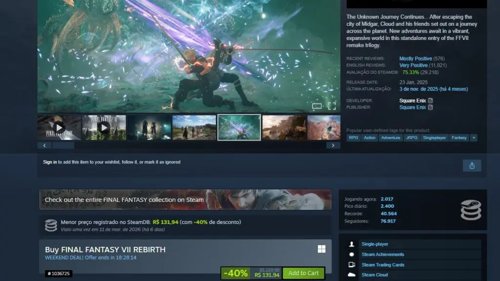 Página de Final Fantasy VII Rebirth no Steam