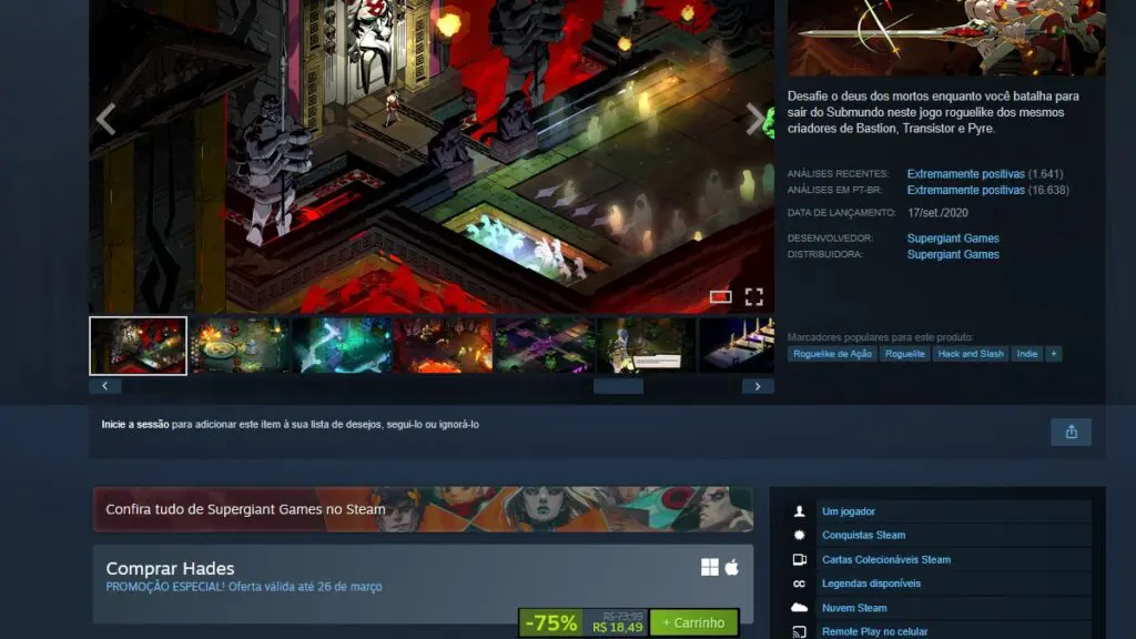 Página de Hades no Steam