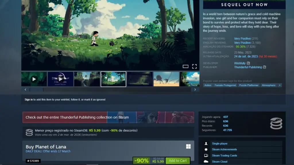 Página de Planet of Lana no Steam