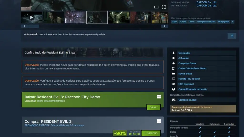 Página de Resident Evil 3 no Steam