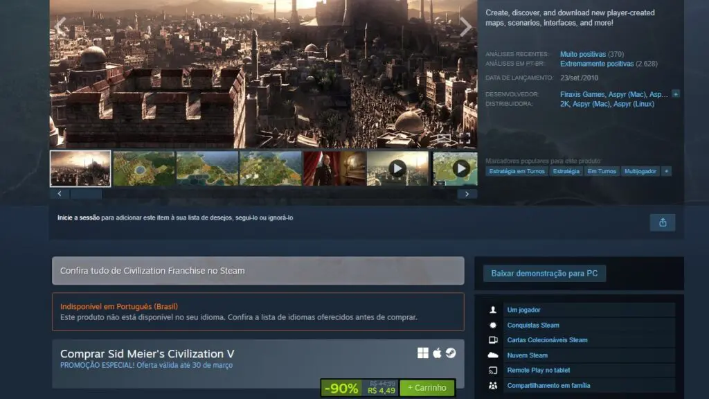Página do jogo Sid Meier's Civilization V no Steam