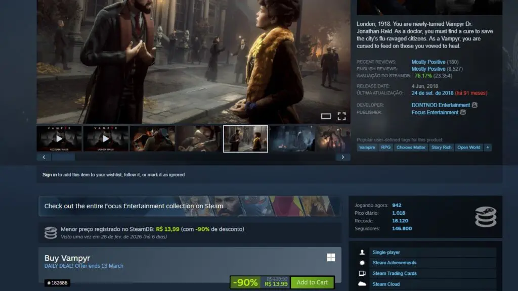 Página de Vampyr no Steam